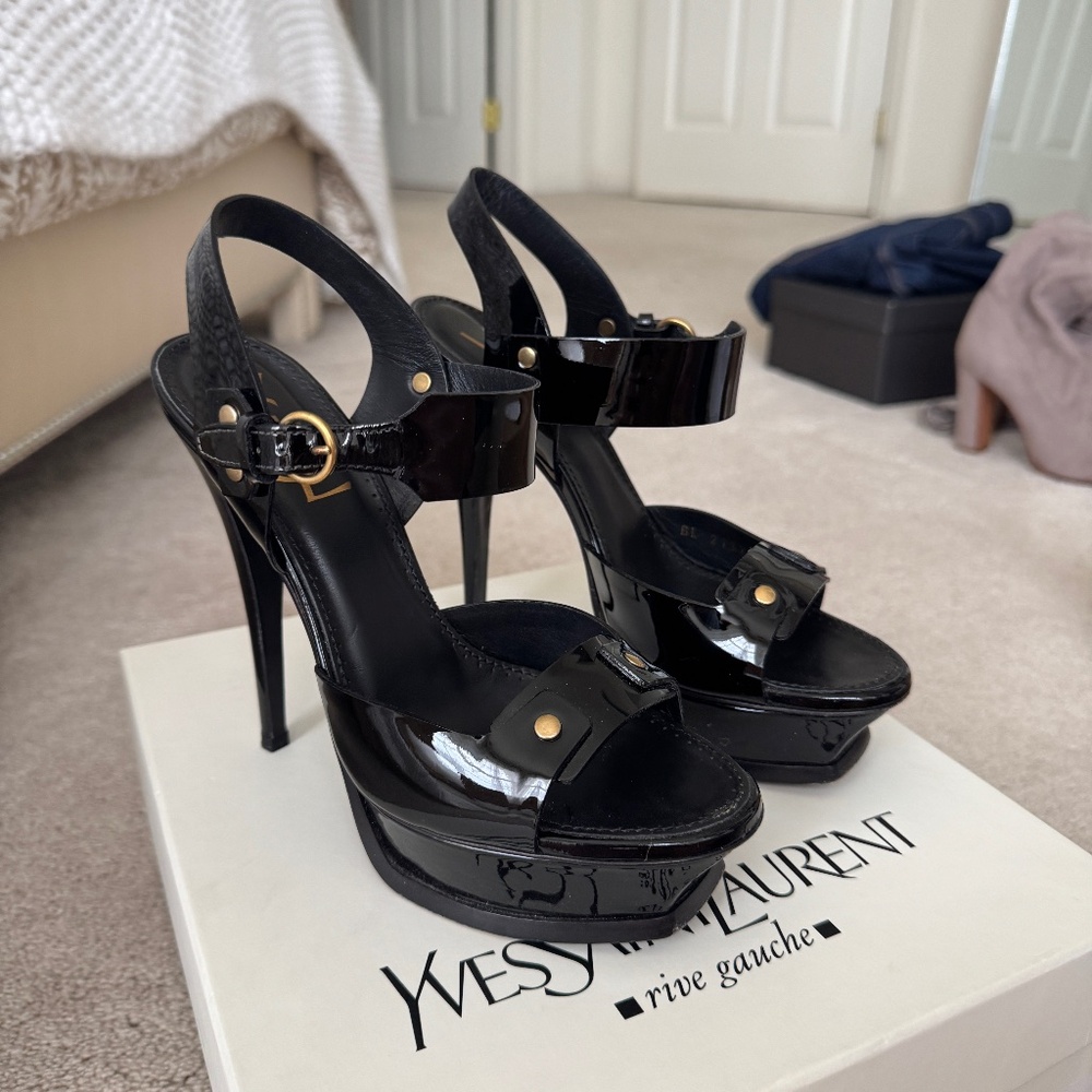 Yves Saint Laurent Black Patent Leather Open Toe Platform Heels